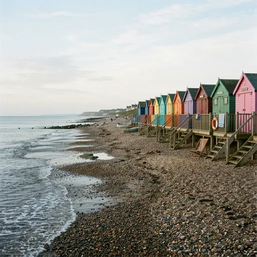 A row of colorful wooden beach huts on a pebble beach under a pale morning sky, the tide going out