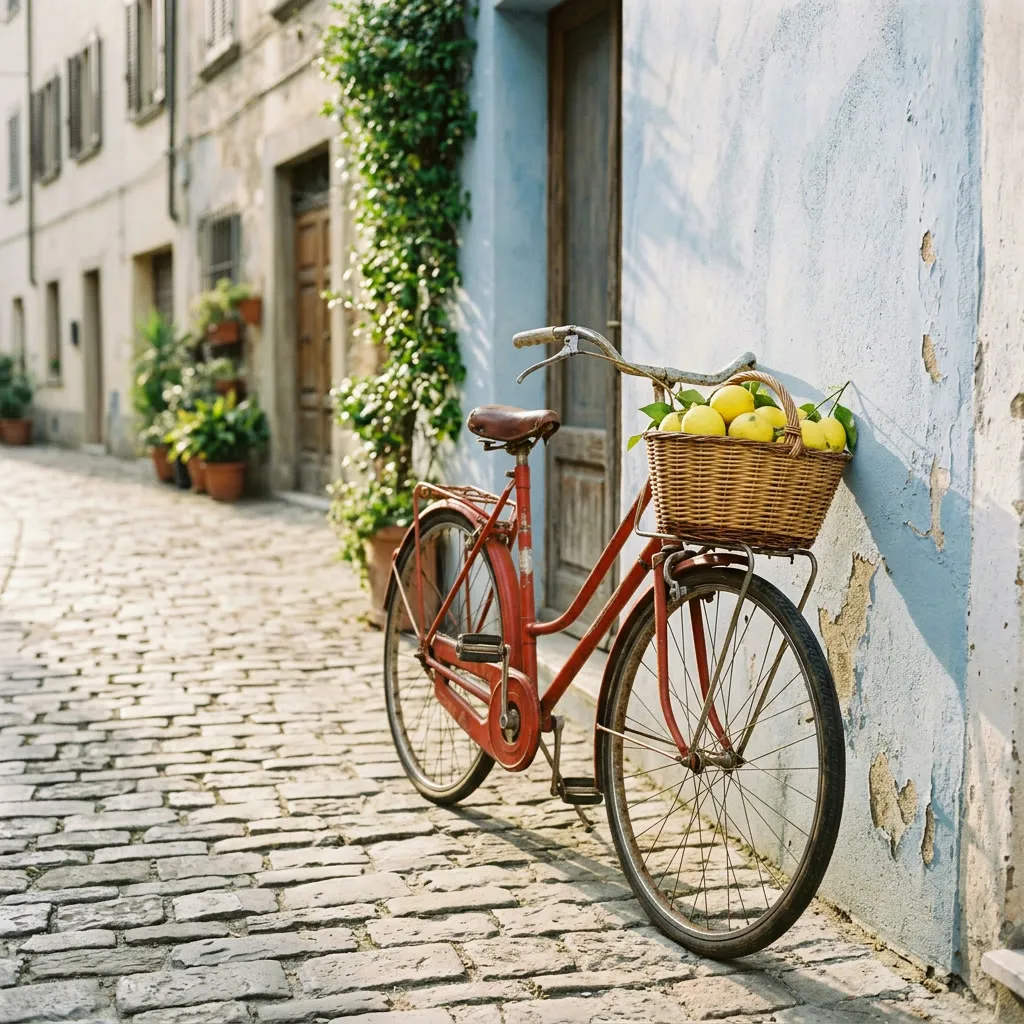 A red vintage bicycle with a wicker basket of lemons on its front rack, leaning against a pale blue wall on a cobbled street