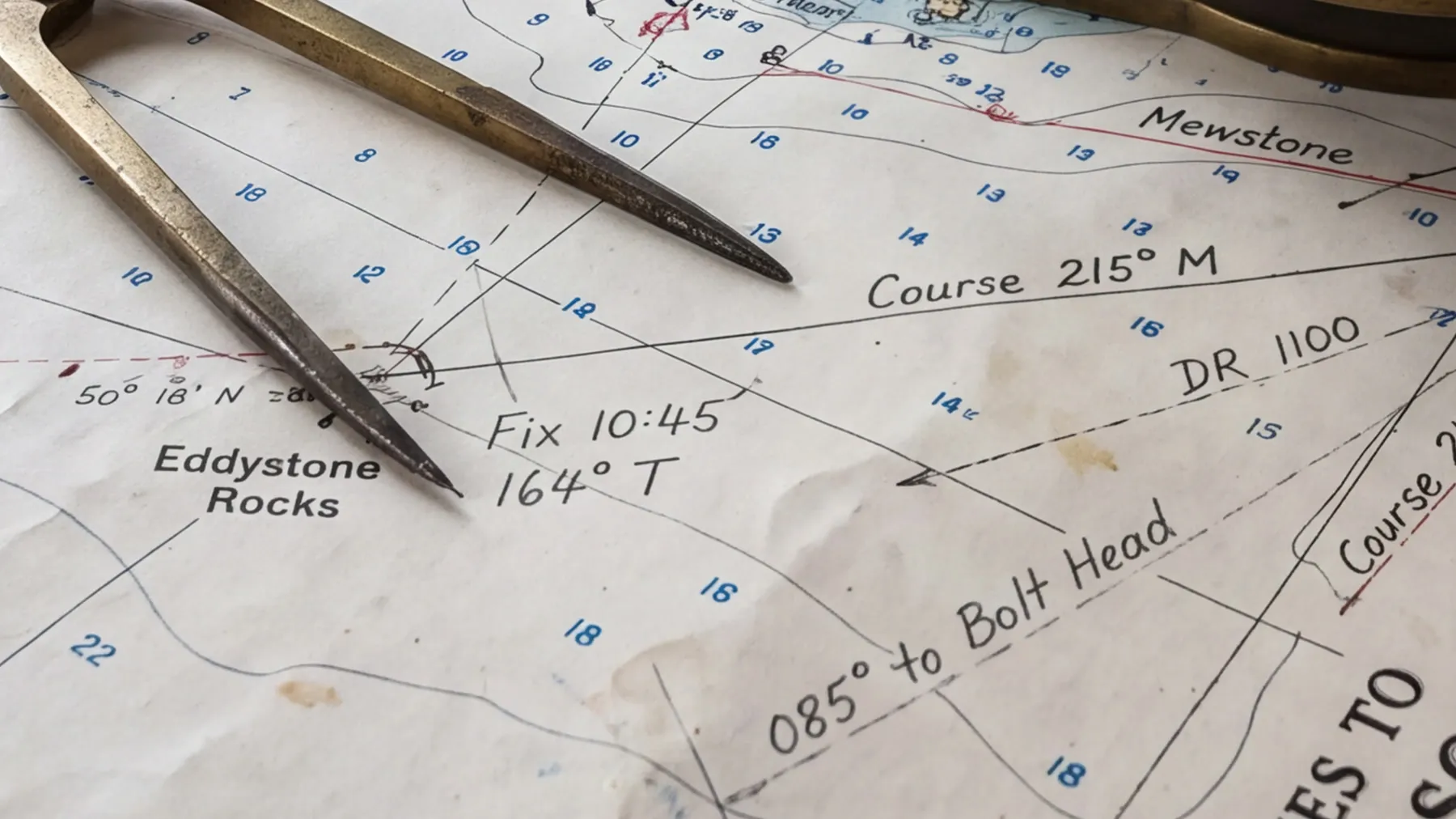Part of a nautical chart at full resolution: handwritten pencil bearings, printed depth soundings and place names beside the tips of a pair of brass dividers