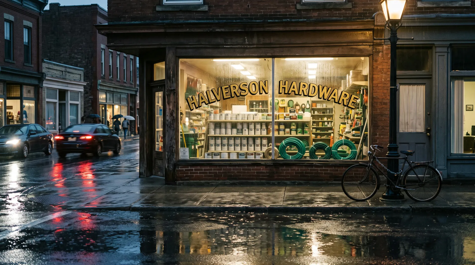 A small hardware store’s lit front window on a rainy evening, seen from across a wet street: gold lettering on the glass reads HALVERSON HARDWARE, plain paint cans and coiled green hoses on the shelves, a bicycle chained to a lamppost and car lights reflected in the puddles