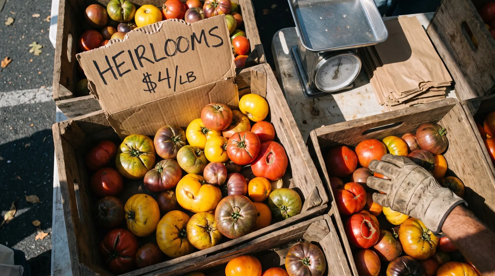 An overhead view of a farmers market stall: wooden crates of red, yellow and green heirloom tomatoes, a torn cardboard sign hand-lettered HEIRLOOMS with a price per pound, a steel scale, paper bags and a gloved hand reaching into a crate