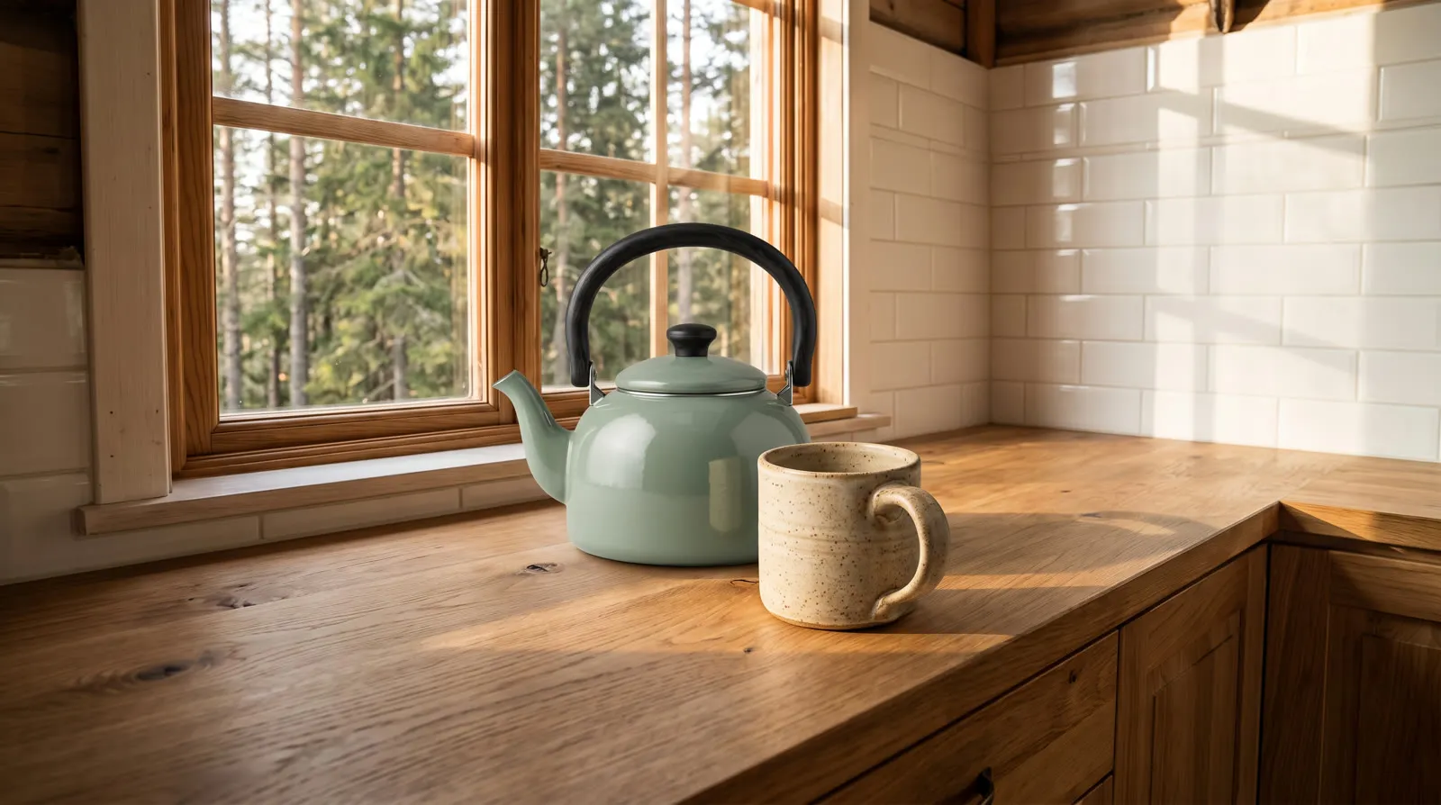 The sage-green kettle and the speckled mug on the oak counter of the cabin kitchen, in morning sun by the window