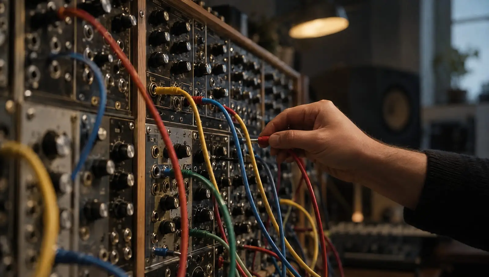 A hand plugs a red patch cable into a vintage modular synthesizer, its panels already crossed by red, blue, yellow and green cables.