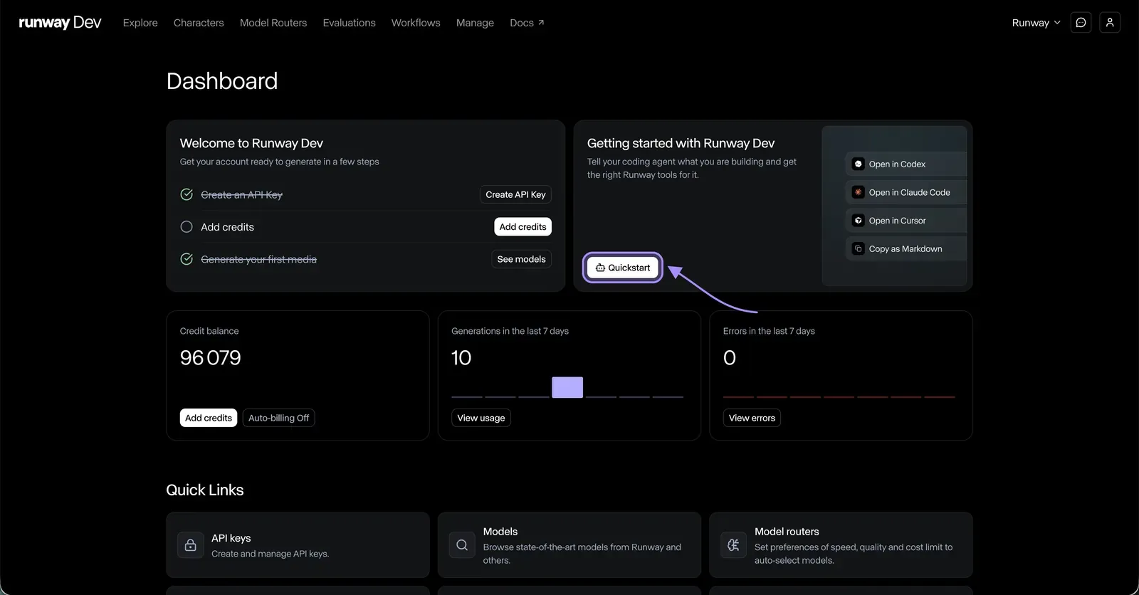 The Runway Dev dashboard with the Quickstart button highlighted, next to the options to open in Codex, Claude Code or Cursor, or copy as Markdown