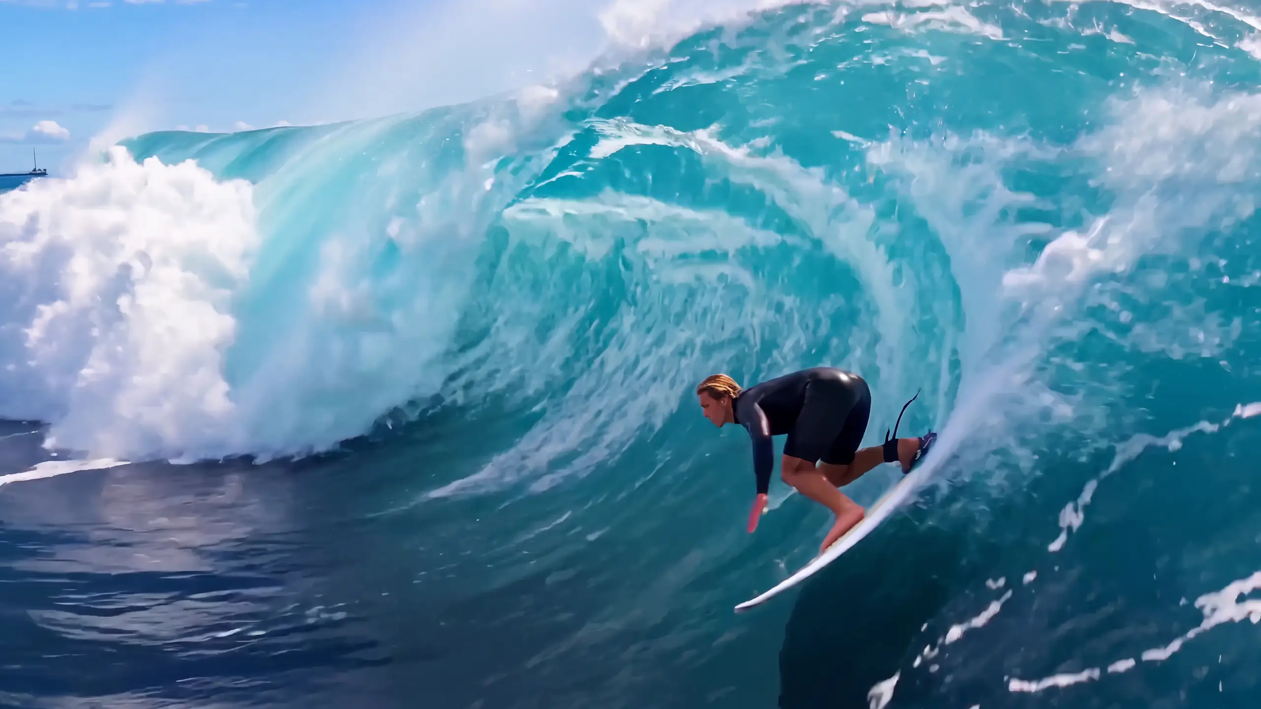 A surfer in a black wetsuit crouches inside the barrel of a turquoise wave, spray curling over the board.
